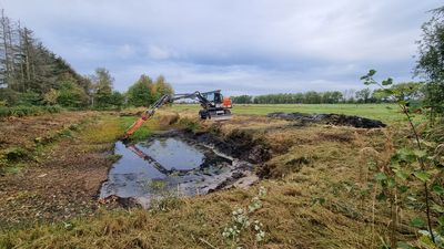 Fischteich während der Räumung, im Hintergrund der Bagger