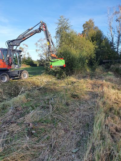 Forstmulcher am Atlas-Mobilbagger zerkleinert Gestrüpp am Wegrand